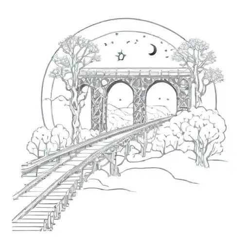 Night Sky Train Tracks Bridge Moon Winter Trees With A Maze Surrounding