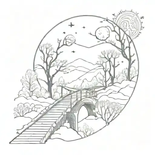 Night Sky Train Tracks Bridge Moon Winter Trees With A Maze Surrounding