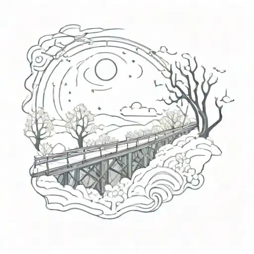Night Sky Train Tracks Bridge Moon Winter Trees With A Maze Surrounding