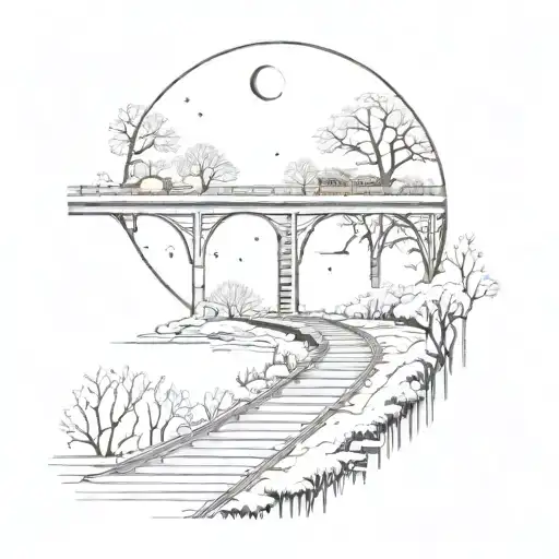 Night Sky Train Tracks Bridge Moon Winter Trees With A Maze Surrounding