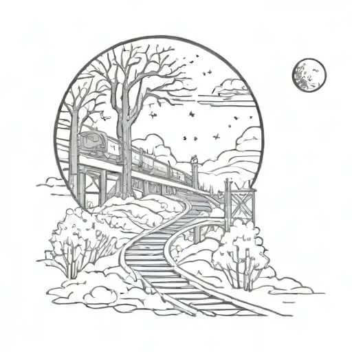 Night Sky Train Tracks Bridge Moon Winter Trees With A Maze Surrounding