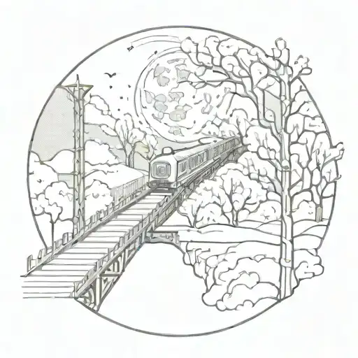 Night Sky Train Tracks Bridge Moon Winter Trees With A Maze Surrounding