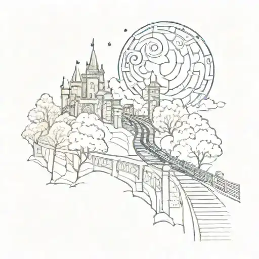 Night Sky Train Tracks Bridge Moon Winter Trees With A Maze Around It Leadinf To The Castle
