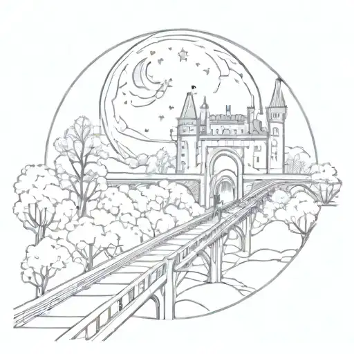Night Sky Train Tracks Bridge Moon Winter Trees With A Maze Around It Leading To The Castle