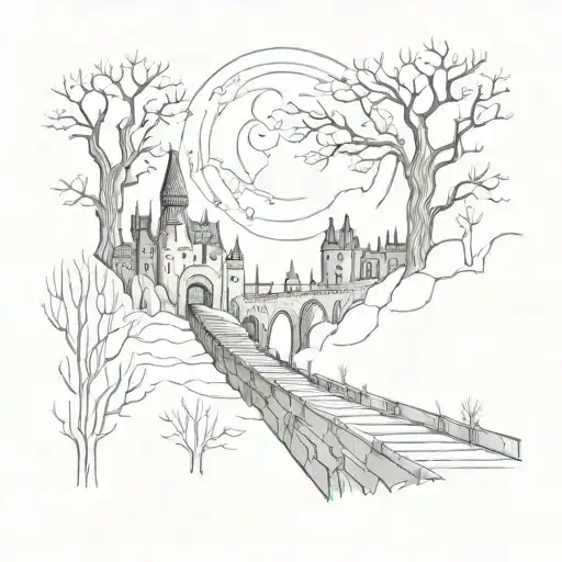Night Sky Train Tracks Bridge Moon Winter Trees With A Maze Around It Leading To The Castle