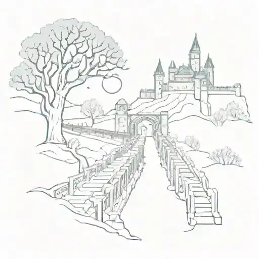 Night Sky Train Tracks Bridge Moon Winter Trees With A Maze Around It Leading To The Castle