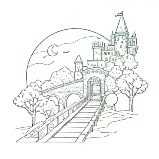 Night Sky Train Tracks Bridge Moon Winter Trees With A Maze Around It Leading To The Castle