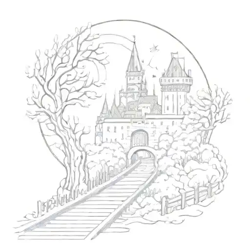 Night Sky Train Tracks Bridge Moon Winter Trees With A Maze Around It Leading To The Castle