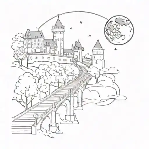 Night Sky Train Tracks Bridge Moon Winter Trees With A Maze Around It Leading To The Castle