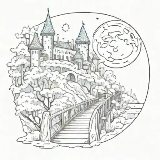 Night Sky Train Tracks Bridge Moon Winter Trees With A Maze Around It Leading To The Castle