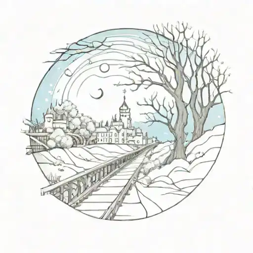 Night Sky Train Tracks Bridge Moon Winter Trees With A Maze Around It Leading To The Castle