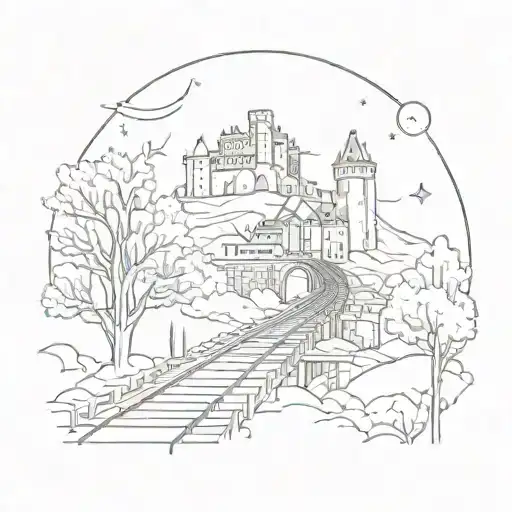 Night Sky Train Tracks Bridge Moon Winter Trees With A Maze Around It Leading To The Castle