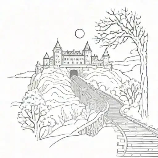 Night Sky Train Tracks Bridge Moon Winter Trees With A Maze Around It Leading To The Castle