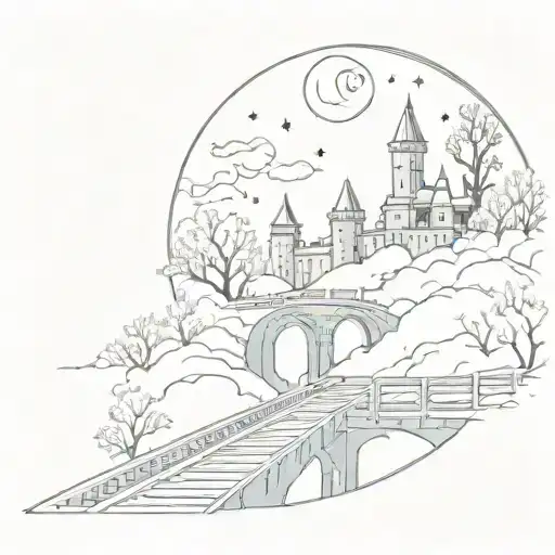 Night Sky Train Tracks Bridge Moon Winter Trees With A Maze Around It Leading To The Castle