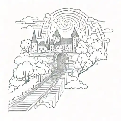 Night Sky Train Tracks Bridge Moon Winter Trees With A Maze Around It Leading To The Castle