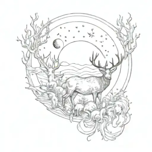 A Mystical Moon Surrounded By Deer And Fish In A Cosmic Setting