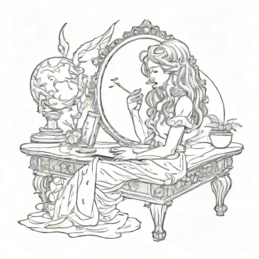 Gurl Holding Mirror On Altar Table With Storm Raging And Music Notes
