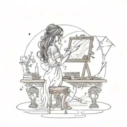 Gurl Holding Mirror On Altar Table With Storm Raging And Music Notes