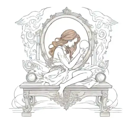 Girl Laying Down Holding Mirror On Altar Table With Storm Raging And Music Notes
