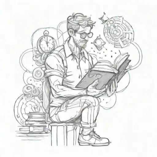 A Self-taught Man Holding A Book With Various Symbols Of Learning Around Him