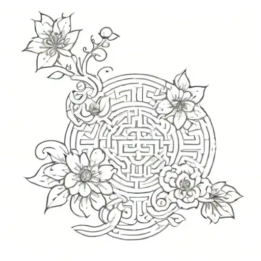 Chinese Feng Shui Symbol While Floral Chinese Pattern Incorporated - Feminine