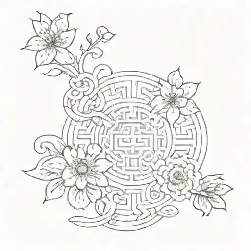 Chinese Feng Shui Symbol While Floral Chinese Pattern Incorporated - Feminine