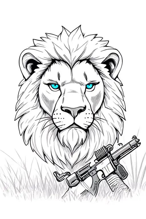 Lion Head With Blue Eyes And Soldier Holding A Gun At Field