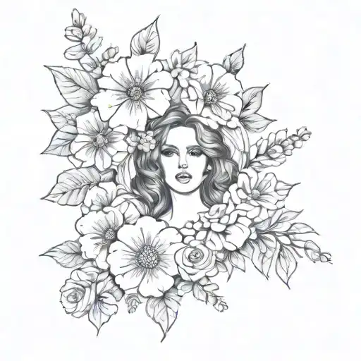 A Sketch-style Tattoo Of Lana Del Rey's Iconic 'Born To Die' Album Cover With Added Floral Elements