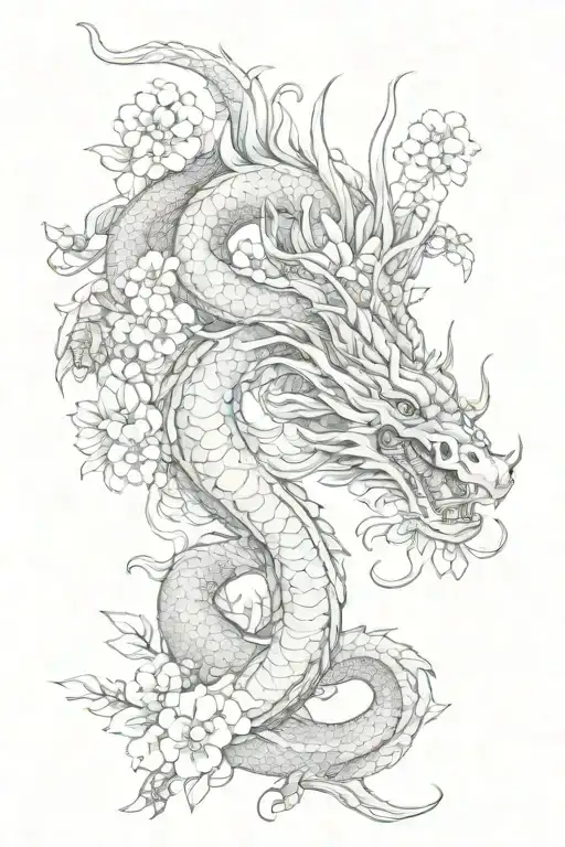 Dragon Chinese With Sakura Flowers