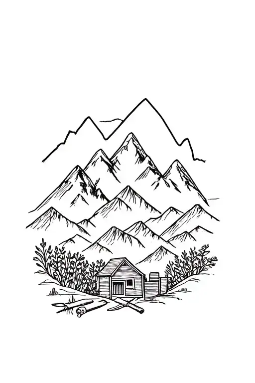 A Minimalist Tattoo Of A Mountain Range With Gardening Tools Hidden In The Design