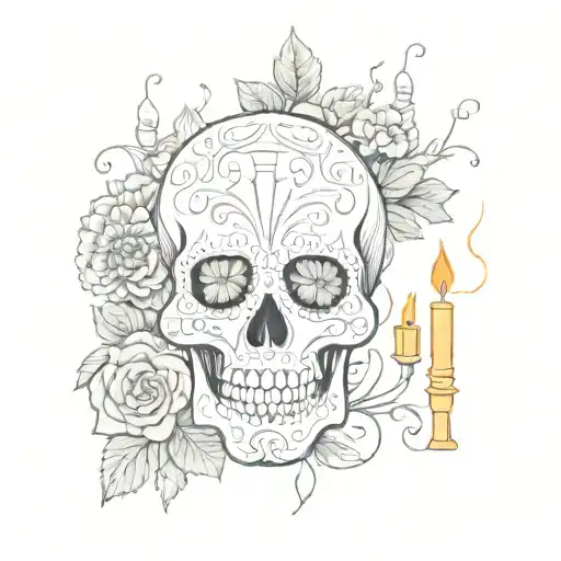 A Sugar Skull Sideways Next To Some Small Candles And Marigold Flowers And Petals Around