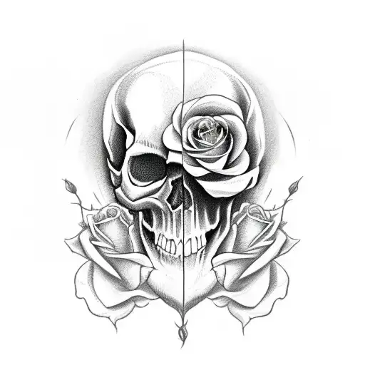 A Skull Postioned To The Right With A Rose Growing Out Of It's Left Eye