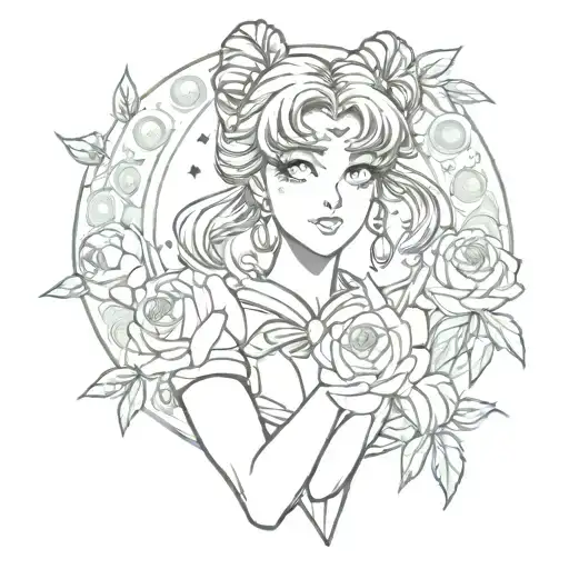 A Sketch Style Tattoo Of Sailor Moon Surrounded By Moons And Peonies