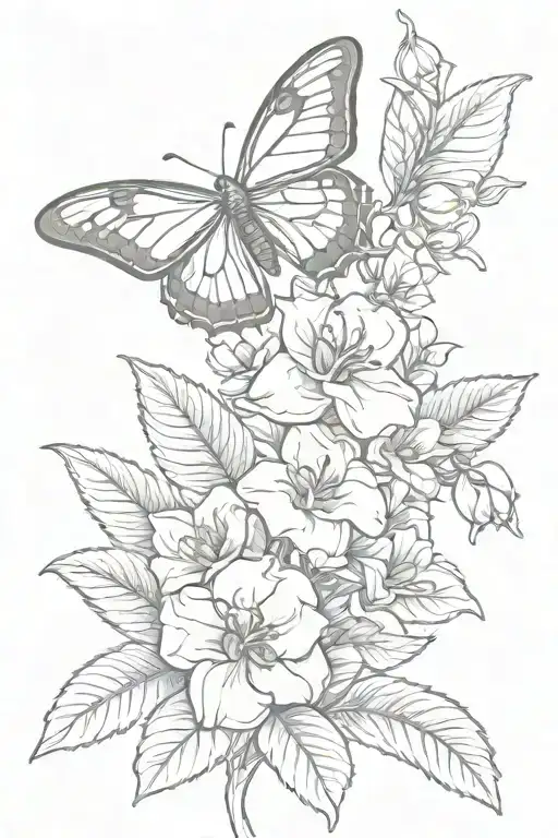 A Sketch Style Tattoo Of A Butterfly Landing On A Blooming Rose And Orchid Bush