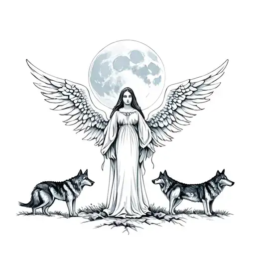 Angel In The Forest At Full Moon With Wolves