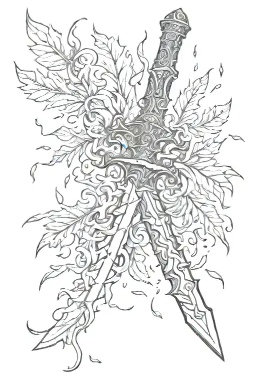 Flaming Sword Wrapped In Leaves Falling