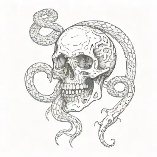 A Detailed Sketch Of A Snake Weaving Through A Skull Surrounded By Flames