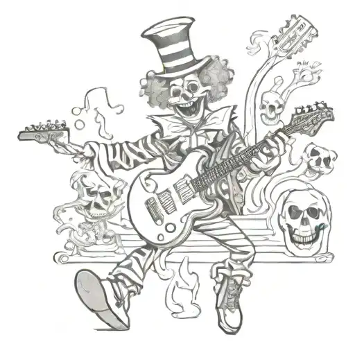A Whimsical Circus Clown Playing An Electric Guitar Surrounded By Dancing Skeletons