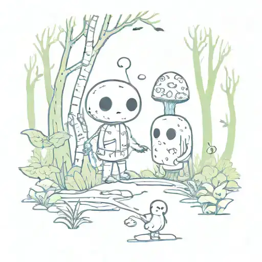 A Whimsical Scene Featuring A Kodama And Susuwatari Exploring A Mystical Forest Together