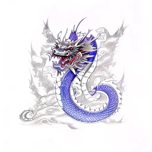 Japanese Dragon With A Purple And Blue Belly Wrapped Around A Broken Sword