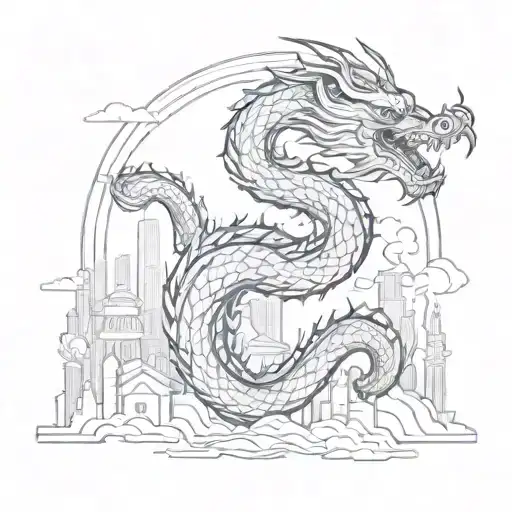 Intricate Line Art Design Of A Mythical Japanese Dragon Weaving Through A City Skyline