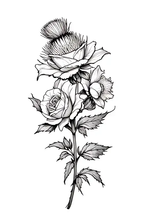 Rose Thistle Daffodil Flowers Line
