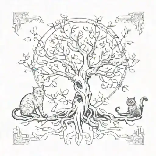 A Sketch-style Tree Of Life With Cats Lounging In The Branches