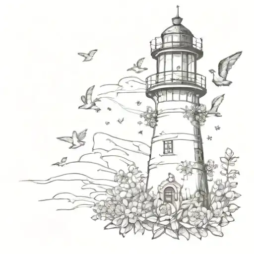 A Sketch Of A Lighthouse With Flowers And Birds Flying Around It