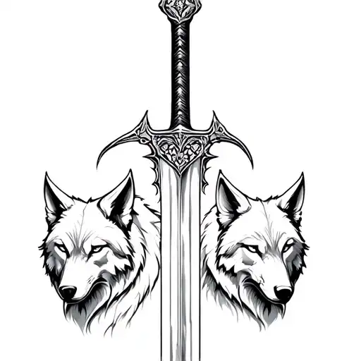 Standing Warrior Sword With Hood And Two Wolf On Each Side