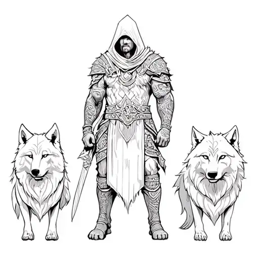 Warrior Standing With Hood And Two Wolf On Each Side