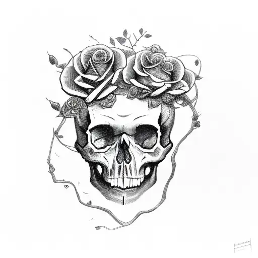 Skull With Hairy Eyebrows And Roses Around Head