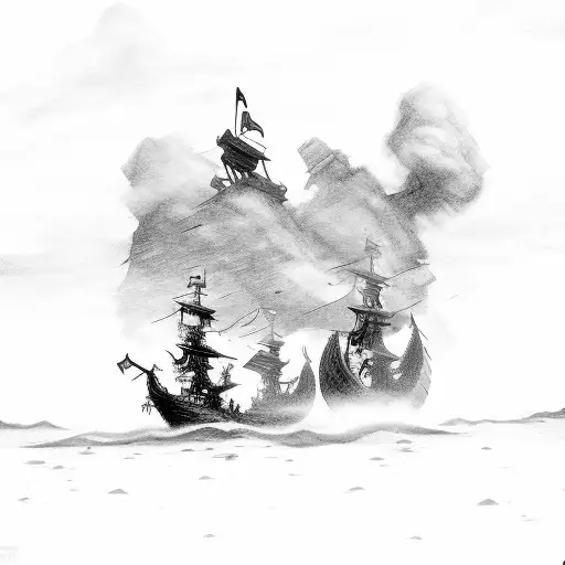 Sword Wielding Pirates Attacking An Island For Treasure As Their Ships Burn
