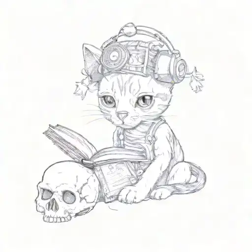 A Cat With A Book And A Skull Wearing Headphones And Listening
