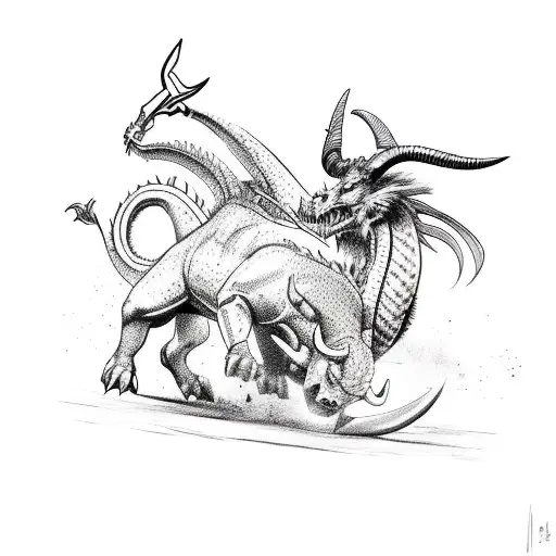 Dragon Fighting A Bull While An Oryx Watches